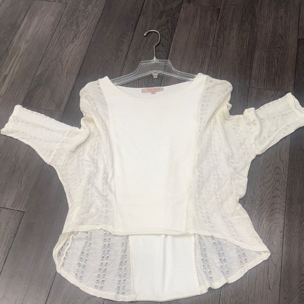 Casual couture crochet like Women's three-quarter length sleeve high low sweater